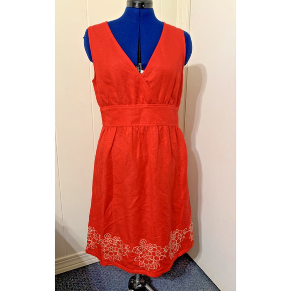 Izod Dresses & Skirts - Izod Women's Dress Size 12 Red Linen Blend Empire Waist Embroidered Hem Resort